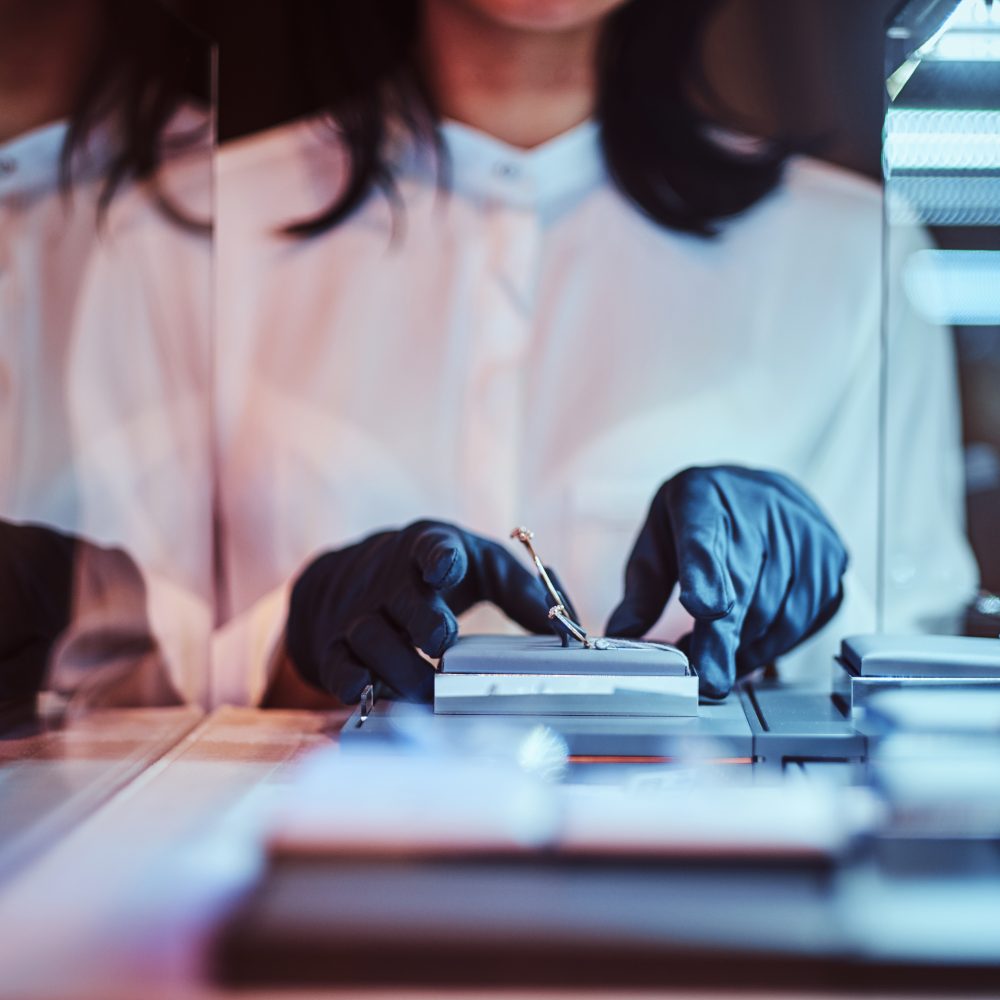 Assistant shows exclusive jewelry in a luxury shop